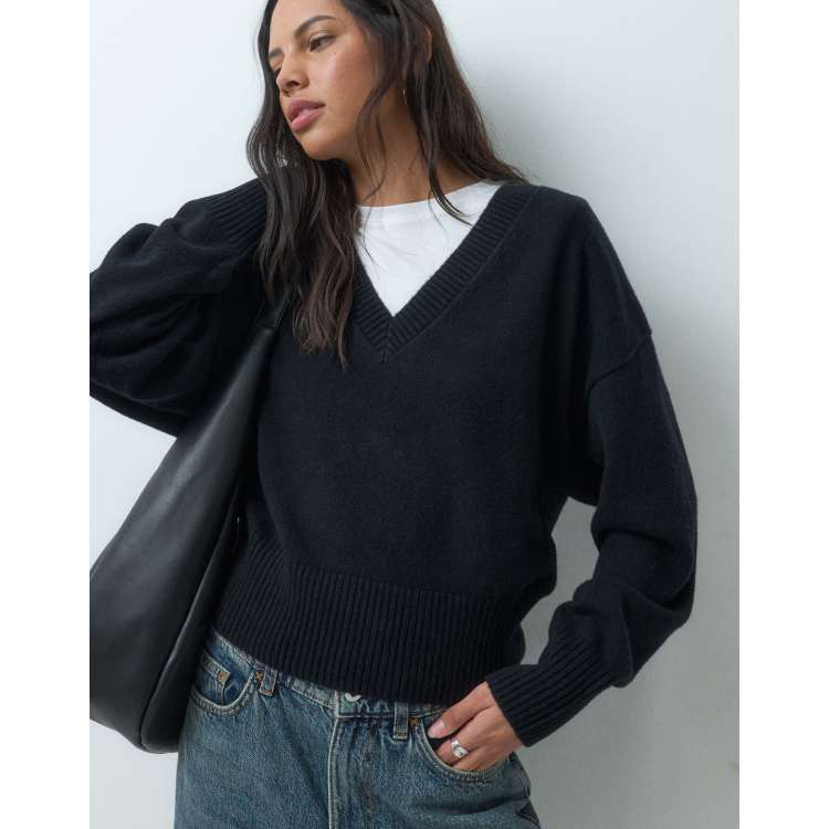 & Other Stories cropped long sleeve v neck knit sweater in black