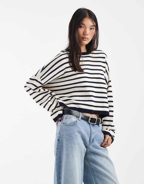 & Other Stories cropped oversized cotton jumper in black stripe - view 1