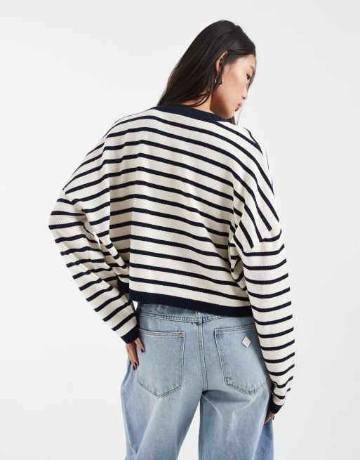 & Other Stories cropped oversized cotton sweater in black striped print, 4 of 4