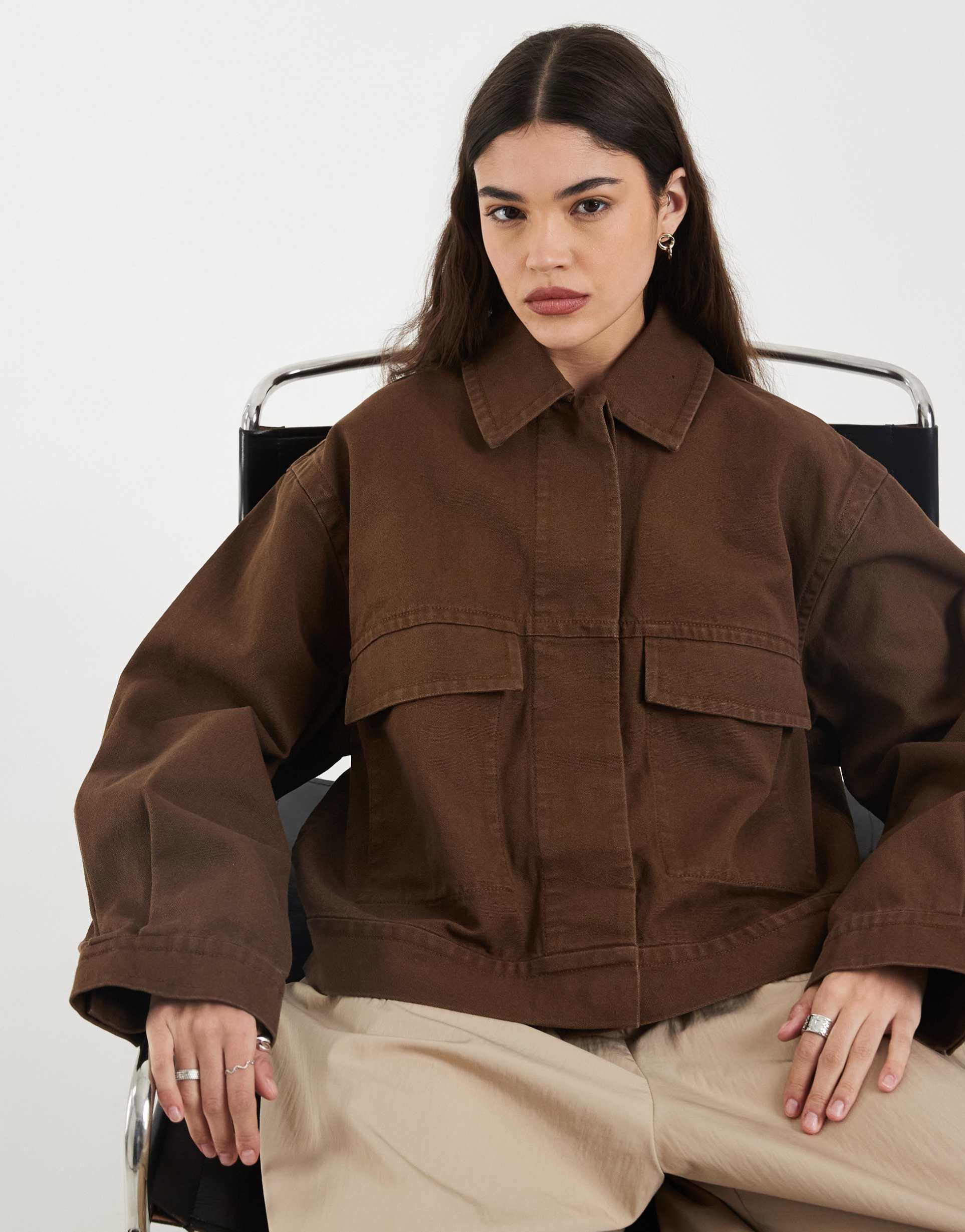 & other stories cropped washed cotton utility jacket in brown