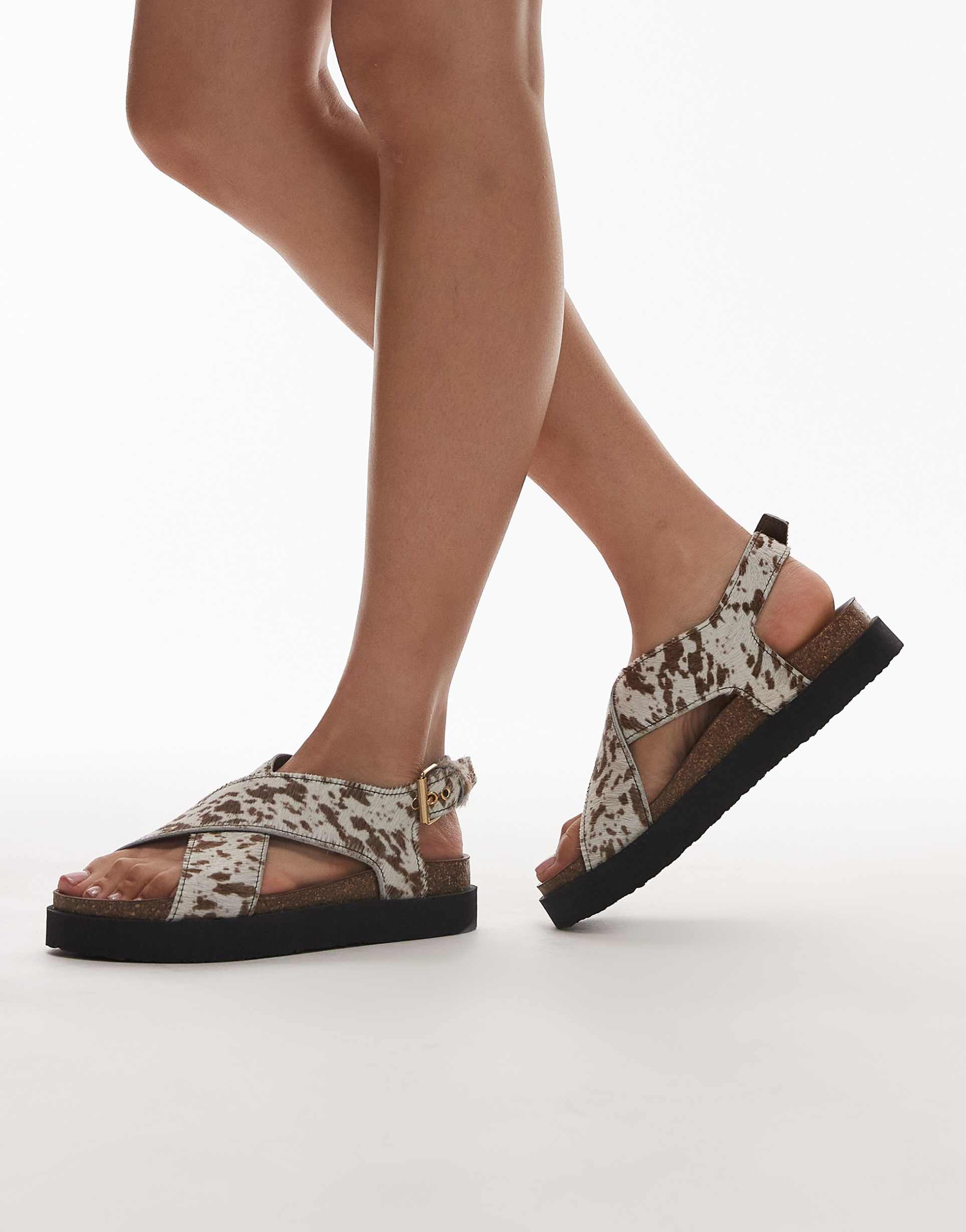 & other stories cross over leather suede sandals in hairy brown cow print
