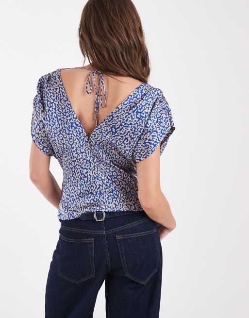 & Other Stories cross over sleeveless draped top in blue leopard print, 3 of 4