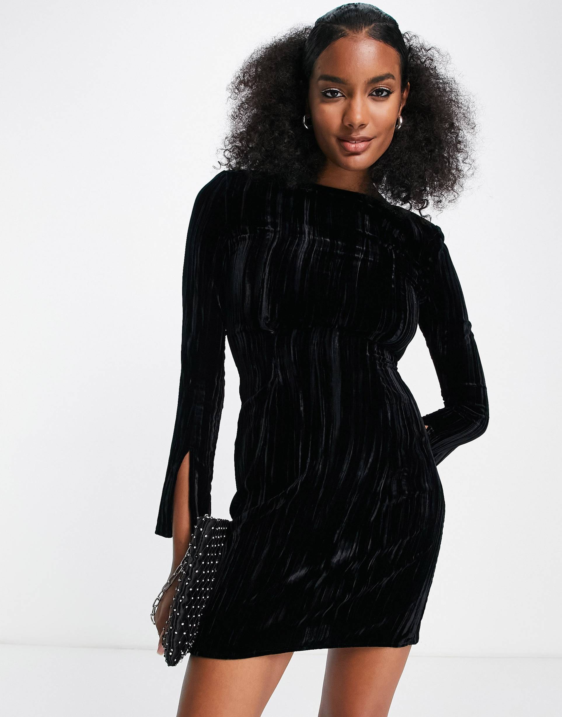 & other stories crushed velvet mini dress in black