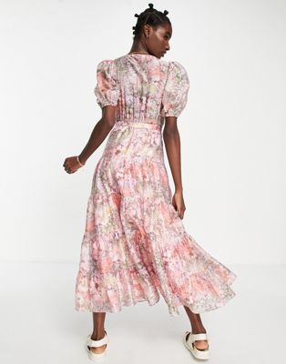 SASSAFRAS Black & Pink Floral Waist Cut-Out Maxi Dress