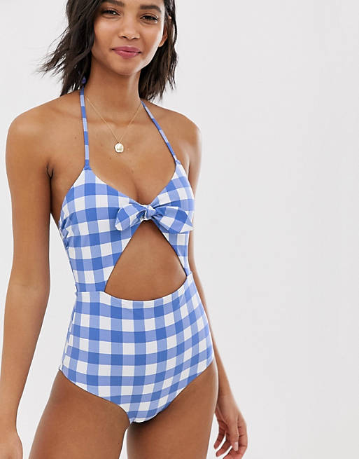 & Other Stories cut out halter swimsuit in blue gingham