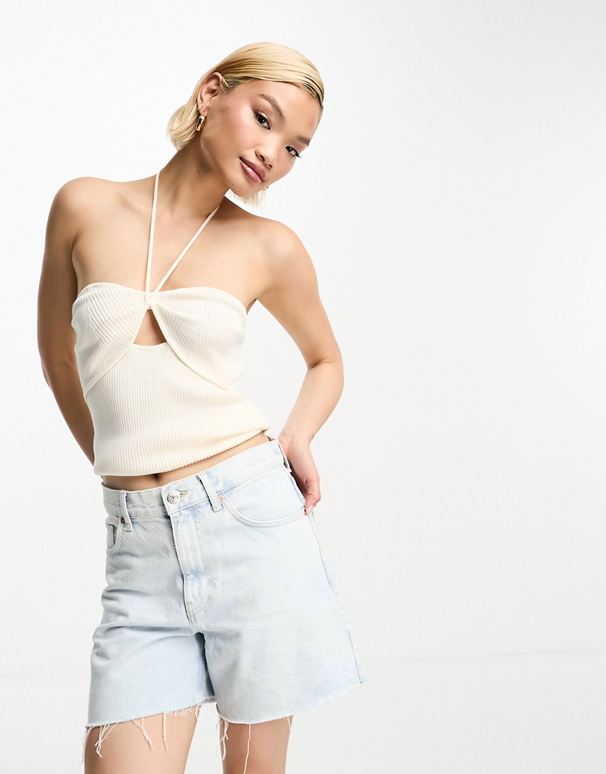 & & Other Stories cut-out rib knit halter bustier top in off white