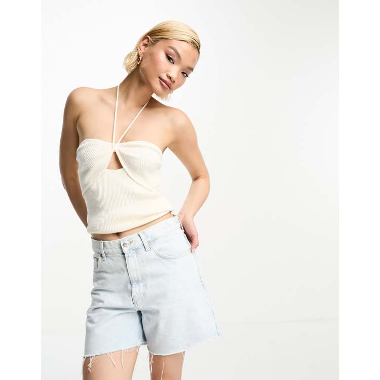 & & Other Stories cut-out rib knit halter bustier top in off white