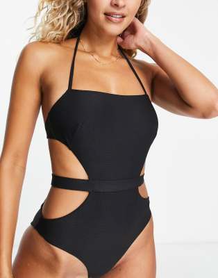 ASOS DESIGN Fuller Bust plunge swimsuit with lace-up side detail in black