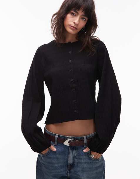 & Other Stories textured blouse with button front in black