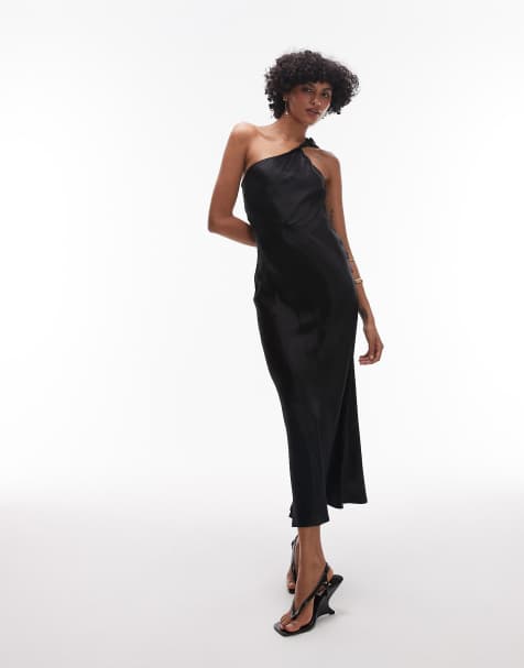 & Other Stories one shoulder satin midi dress with twisted strap detail in black