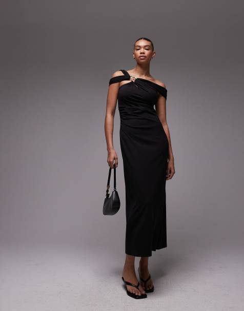 & Other Stories structured jersey midi dress with off shoulder and metal clasp in black 