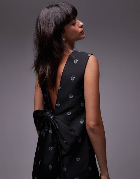 & Other Stories low bow back mini dress in black with embroidered butterflies