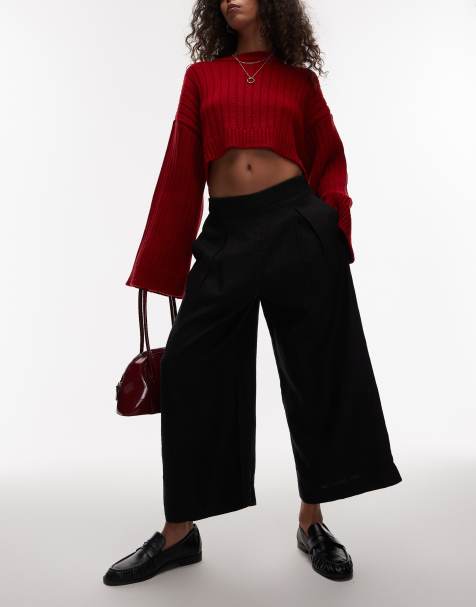 & Other Stories linen pull-on wide leg trousers with box pleat detail in black