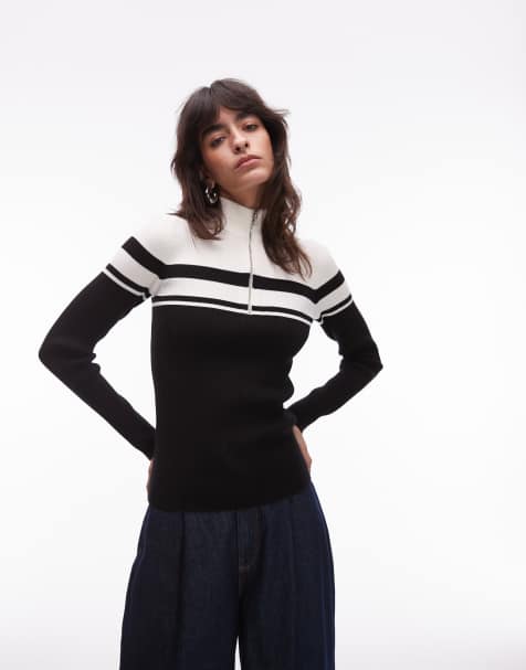 & Other Stories slim fit funnel neck fine knit zip up top with block stripe design in black and white