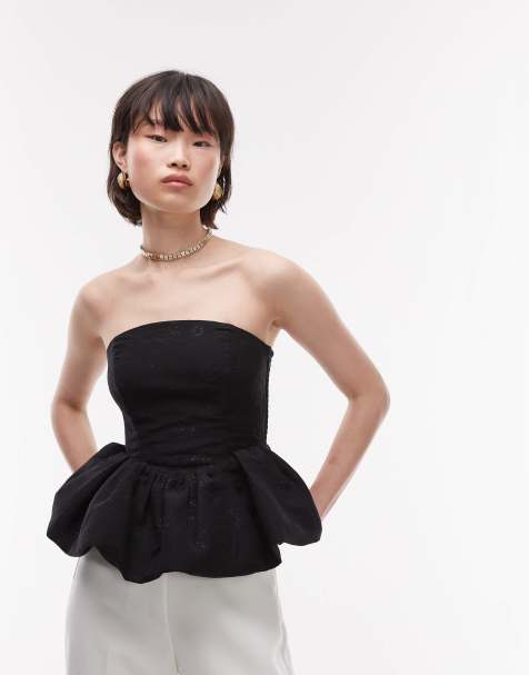 & Other Stories metallic floral brocade bandeau top with  puffball hem in black