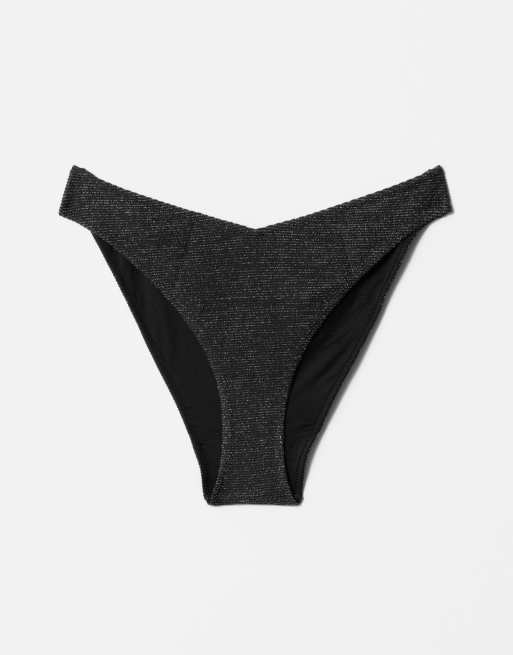 & Other Stories – Czarny głęboko wycięty dół od bikini z talią w kształcie litery V i brokatowym złotym wykończeniem