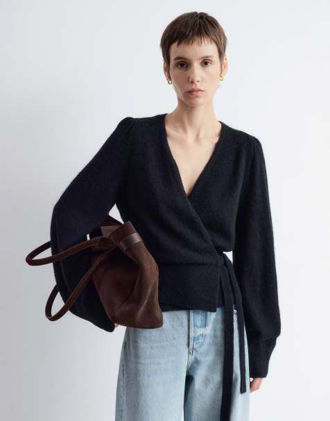 & Other Stories – Czarny kopertowy kardigan z bufkami z włochatej przędzy z mieszanki wełny i moheru - view 1