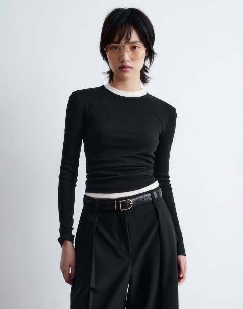 & Other Stories soft jersey rib long sleeve top in black