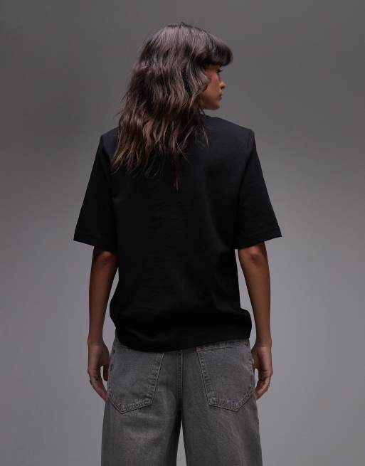 & Other Stories – Czarny T-shirt z poduszkami na ramionach, 3 z 4