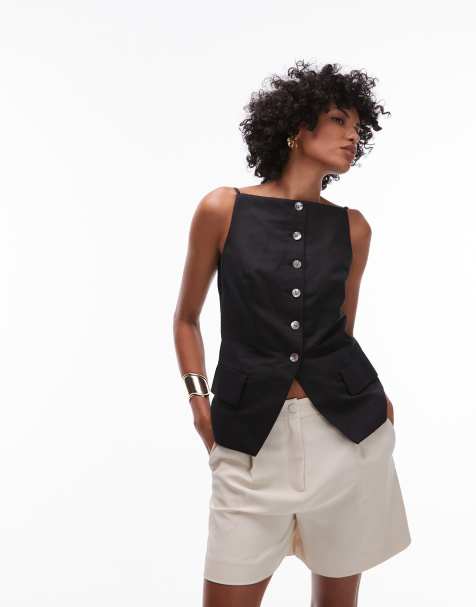 & Other Stories linen blend square neck waistcoat top in black
