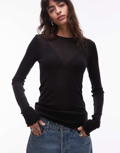 & Other Stories pure wool lettuce edge long sleeve top with thumbhole detail in  black