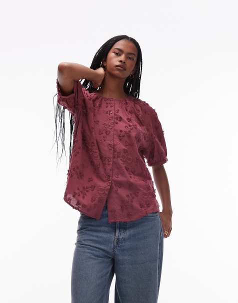& Other Stories floral embroidered short sleeve blouse in red