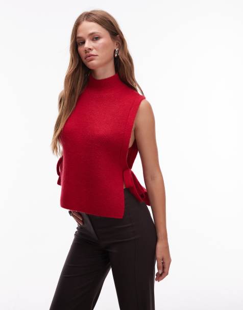 & Other Stories wool and mohair mock neck knitted vest with side tie detail in red