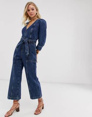 tie waist denim jumpsuit