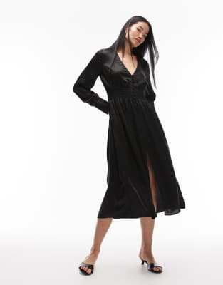 & Other Stories Deep V Neck Midi Dress With Cuff Detail In Black