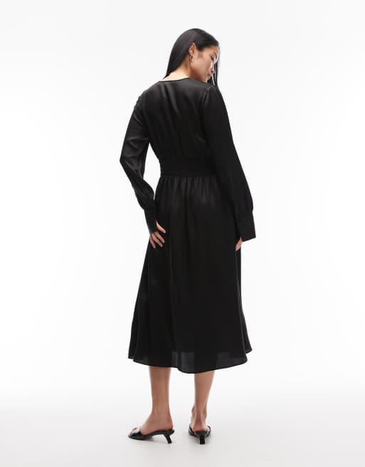 & Other Stories deep v neck midi dress with cuff detail in black , 3 of 4
