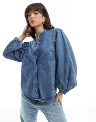 & Other Stories denim blouse with volume sleeves in mid washed blue