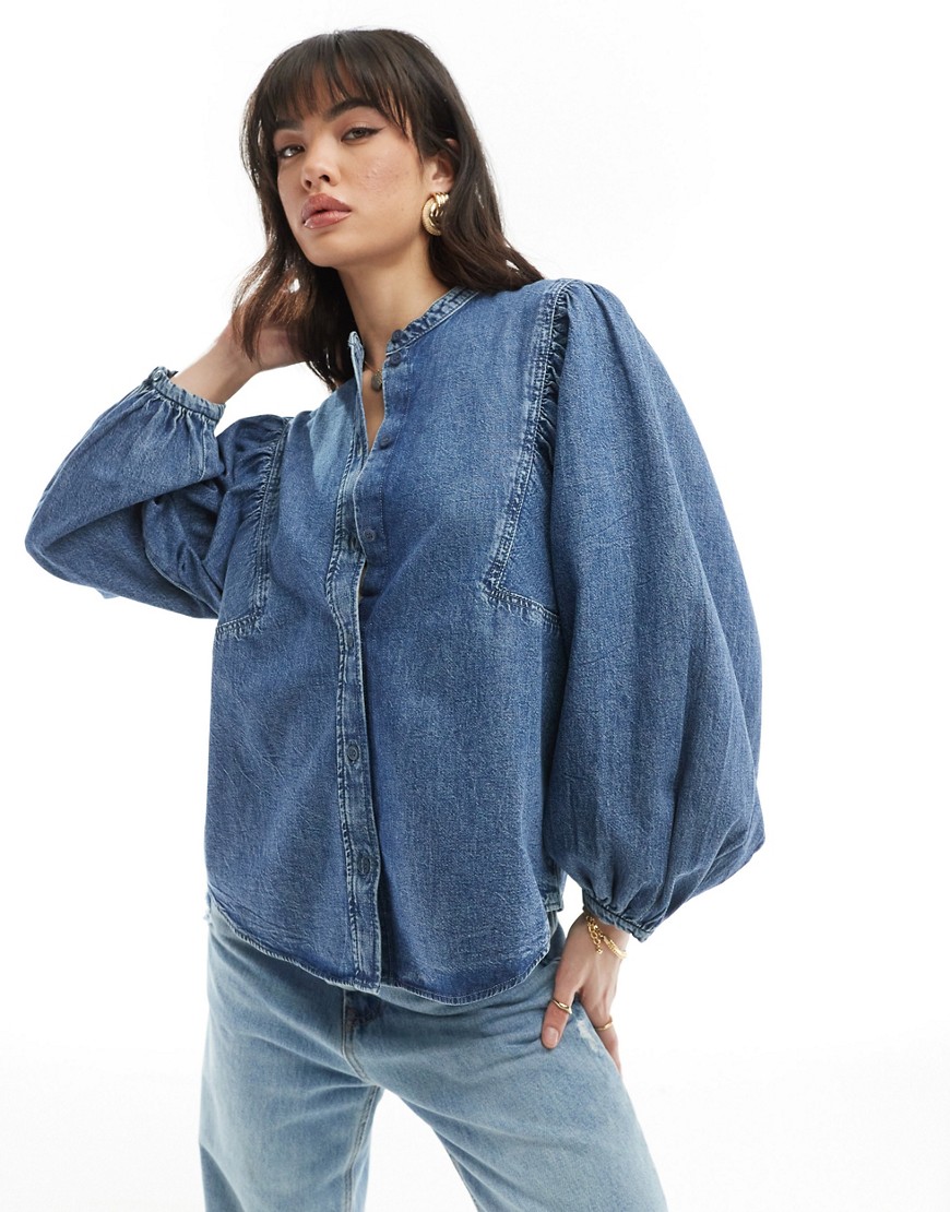 & Other Stories denim blouse with volume sleeves in mid washed blue