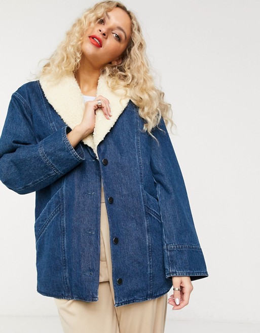 & Other Stories denim faux shearling trim overcoat in blue