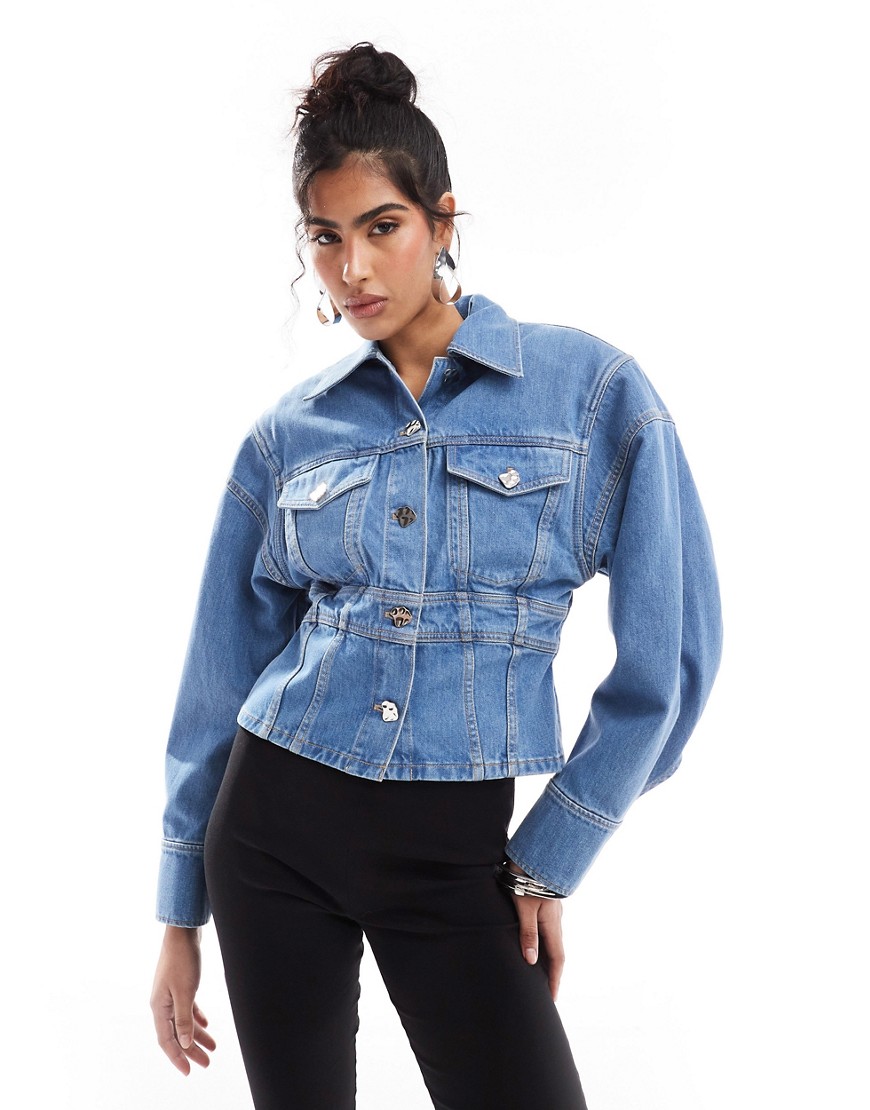 & Other Stories denim jacket with corset waist and extended shoulder in mid wash blue