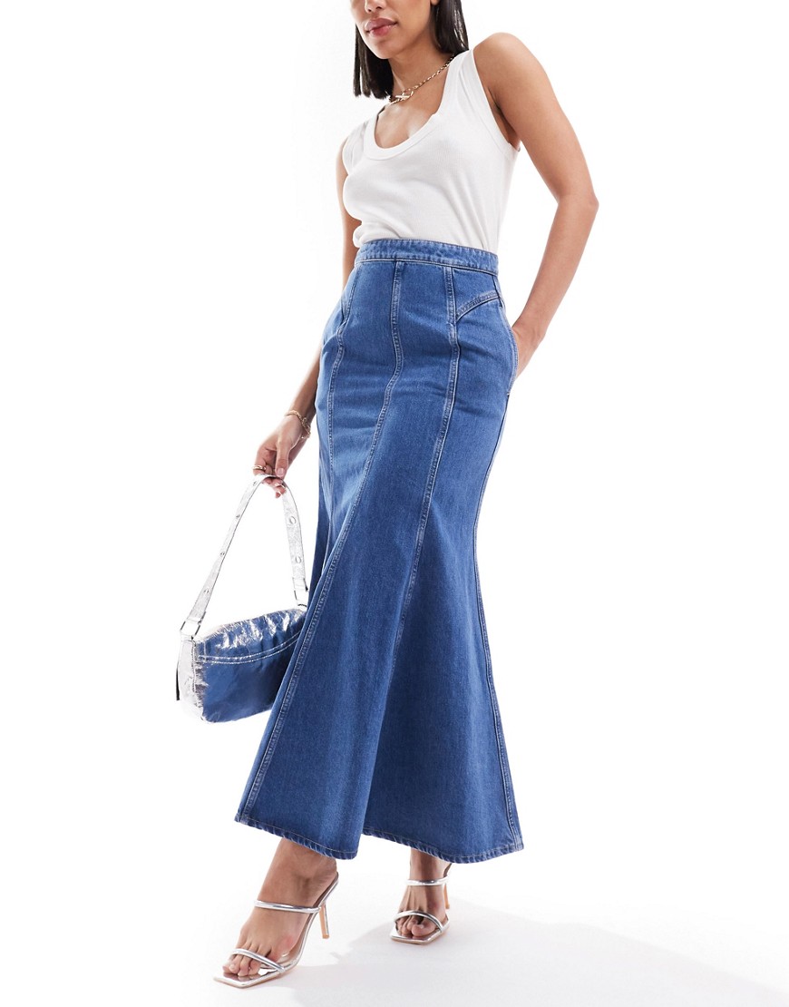 & Other Stories denim maxi full skirt with minimal front pleat detail in blue wash