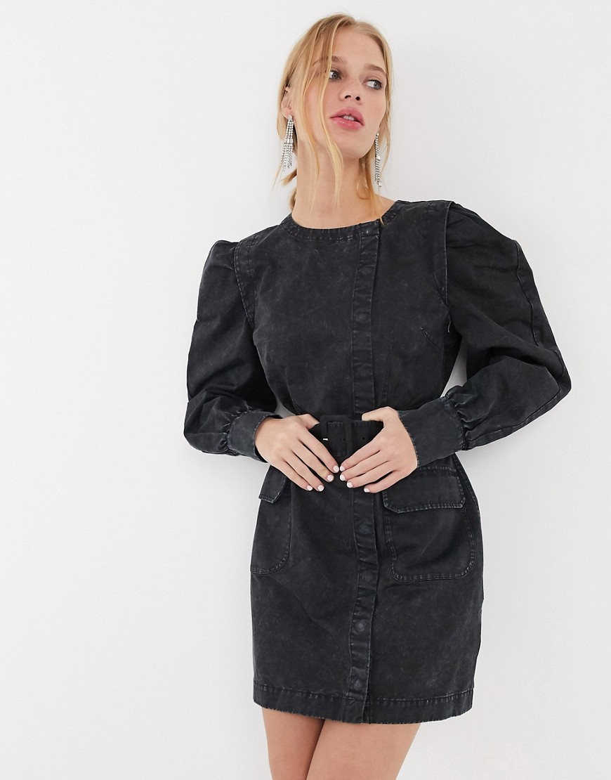 & Other Stories - Denim mini-jurk met pofmouwen en knopen in zwarte wassing