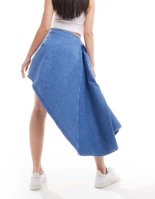 Other Stories denim mini skirt with draped train in mid wash blue