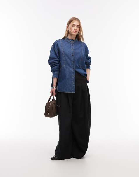 & Other Stories  denim shirt with frill grandad collar in blue wash - view 1