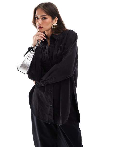 & Other Stories denim shirt with pleat detail in black - view 1