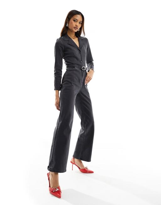 Topshop jersey long sleeve jumpsuit in black