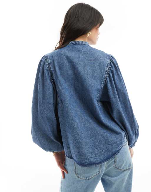 & Other Stories - Denimbluse med voluminøse ærmer i blå mellemvask, 4 af 4