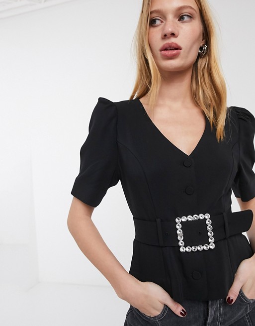 & Other Stories diamante buckle short sleeve blouse in black