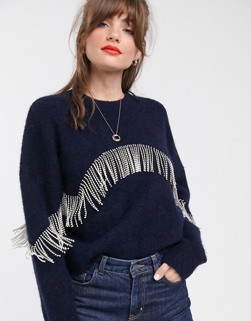& Other Stories diamante fringe sweater in navy