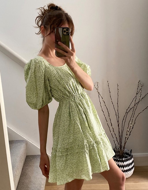 & Other Stories ditsy floral print mini swing dress in green