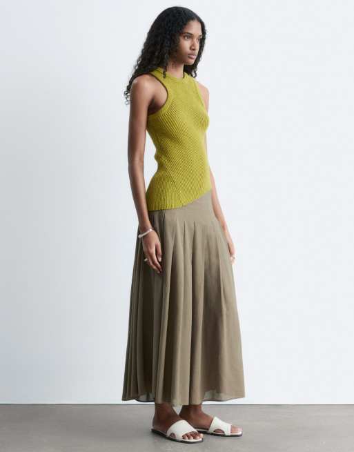 & Other Stories - Doorschijnende geplooide maxi rok in kaki, 3 van 5