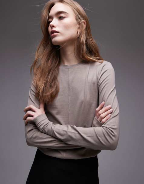 & Other Stories jersey fitted long sleeve top with front seam in beige