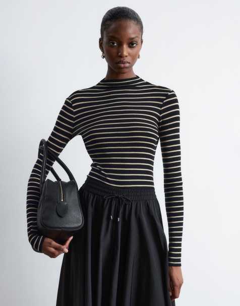 & Other Stories pure wool jersey second skin long sleeve top in mono stripes