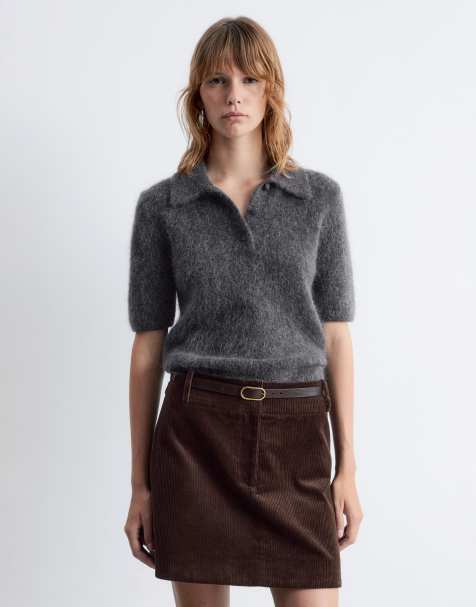 & Other Stories mohair and wool knitted slim fit top  with polo collar in grey