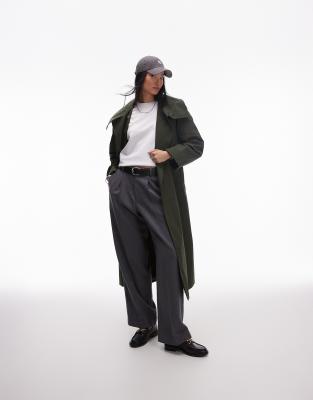 & Other Stories & Other Stories double breasted belted trench coat with funnel neck in dark green