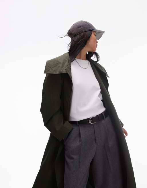 & Other Stories double breasted belted trench coat with funnel neck in dark green, 2 of 4
